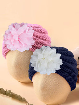 Baby Moo - Floral Petals Turban Caps - Pink & Navy Blue (Pack of 2) (0-6 Months)
