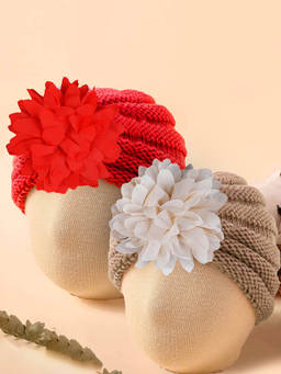 Baby Moo - Floral Petals Turban Caps - Red & Brown (Pack of 2) (0-6 Months)
