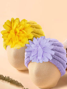 Baby Moo - Floral Petals Turban Caps - Lilac & Yellow (Pack of 2) (0-6 Months)
