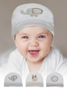 Baby Moo - Zoo Animals Organic Soft Cotton Caps - White (Pack of 3) (0-12 Months)
