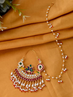 Silvermerc Designs - Gold Plated Kundan Meenakari Nosering With Chain