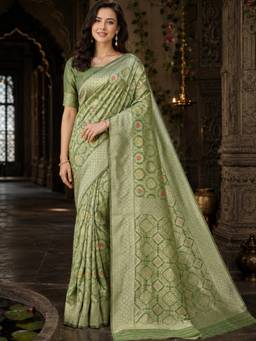 Nyri - Womens Light Green Banarasi Linen Blend Zari Woven Saree with Unstitched Blouse