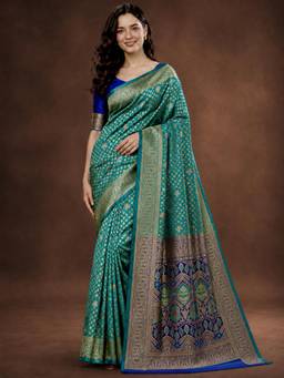 Nyri - Womens Blue Banarasi Art Silk Golden Zari Woven Saree with Blouse Piece