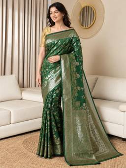 Nyri - Womens Green Banarasi Art Silk Floral Zari Woven Saree with Blouse Piece