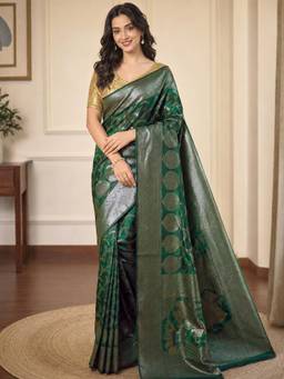 Nyri - Womens Green Banarasi Art Silk Zari Woven Saree with Rich Pallu & Blouse Piece