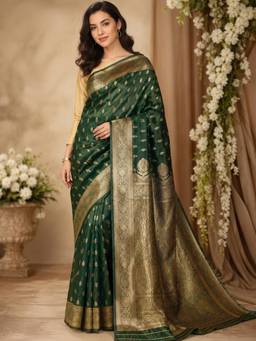 Nyri - Womens Dark Green Banarasi Art Silk Gold Zari Woven Buta Saree with Blouse Piece