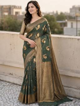 Nyri - Womens Green Banarasi Linen Blend Gold Zari Woven Peacock Motif Saree with Blouse Piece