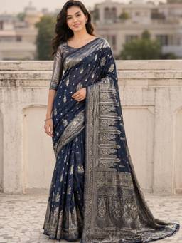 Nyri - Womens Navy Blue Banarasi Silver Zari Woven Floral Butta Saree with Blouse Piece