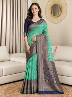 Nyri - Womens Light Green Banarasi Linen Blend Zari Woven Saree with Blouse Piece