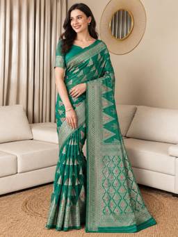 Nyri - Womens Green Banarasi Linen Blend Geometric Zari Woven Saree with Blouse Piece