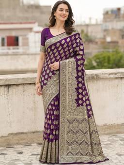 Nyri - Womens Purple Banarasi Art Silk Gold Zari Floral Buta Woven Saree with Blouse Piece