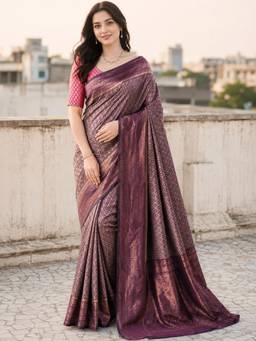 Nyri - Womens Purple Banarasi Silk Blend Geometric Zari Woven Saree with Blouse Piece