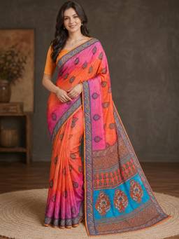 Nyri - Womens Orange & Pink Digital Printed Poly Crepe Ethnic Motif Saree with Blouse Piece