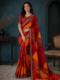 Nyri - Womens Red & Orange Poly Georgette Geometric Printed Daily Wear Saree with Blouse Piece