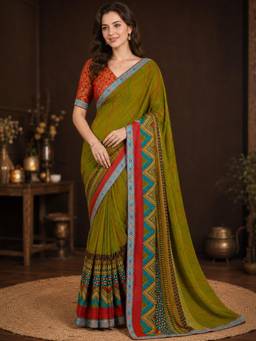 Nyri - Womens Olive Green Poly Georgette Ethnic Printed Saree with Unstitched Blouse