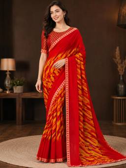 Nyri - Womens Red & Yellow Poly Georgette Geometric Stripe Printed Saree with Blouse Piece