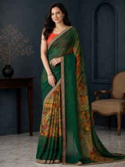 Nyri - Womens Dark Green Poly Georgette Abstract Printed Daily Wear Saree with Blouse Piece