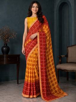 Nyri - Womens Yellow & Red Bandhani Printed Poly Georgette Daily Wear Saree with Blouse Piece