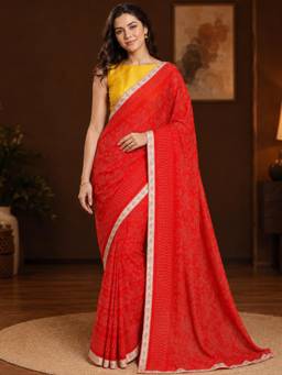 Nyri - Womens Red Floral Printed Poly Georgette Daily Wear Saree with Unstitched Blouse
