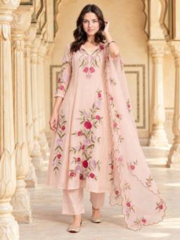 Gahan - Womens Beige Embroidered Rayon Anarkali Kurta and Pant with Organza Dupatta