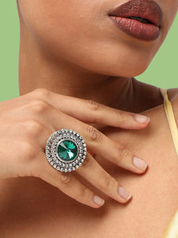 Sohi - Silver Plated White Green Stone Studded Adjustable Finger Rings