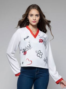SHAYE - V-Neck White Heart Print Long Sleeves Sweatshirt for Women