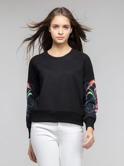 SHAYE - Round Neck Black Placement Print Long Sleeves Sweatshirt for Women