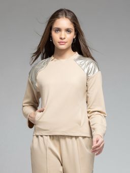 SHAYE - Round Neck Beige Solid Long Sleeves Sweatshirt for Women