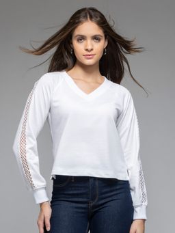 SHAYE - V-Neck White Solid Long Sleeves Casual Sweatshirt for Women