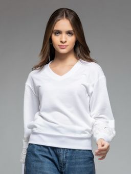 SHAYE - V-Neck White Schiffli Long Sleeves Casual Sweatshirt for Women