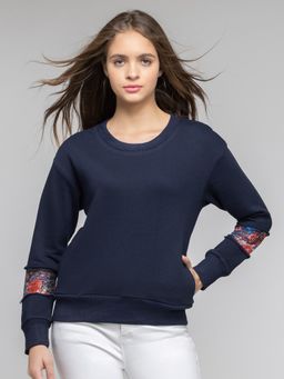 SHAYE - Round Neck Blue Printed and Sequins Long Sleeves Sweatshirt for Women