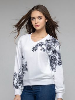 SHAYE - V-Neck White Floral Print Long Sleeves Sweatshirt for Women