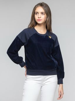 SHAYE - Round Neck Blue Solid Long Sleeves Sweatshirt for Women