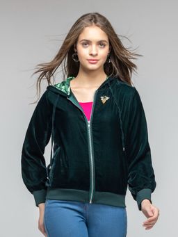 SHAYE - Hood Neck Green Solid Long Sleeves Sweatshirt for Women