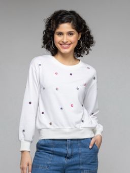 SHAYE - Round Neck White Embellished Long Sleeves Sweatshirt for Women