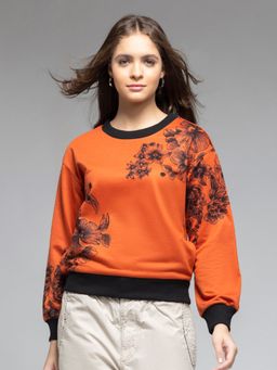SHAYE - Round Neck Orange Floral Print Long Sleeves Sweatshirt for Women
