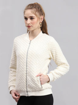 Monte Carlo - Women Self Design Off White V Neck Full Sleeve Sweatshirt