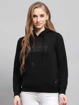 Monte Carlo - Women Printed Black Hooded Neck Full Sleeve Sweatshirt