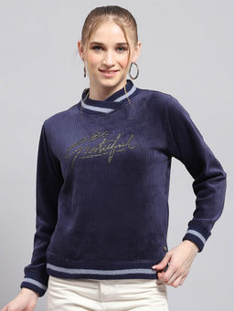 Monte Carlo - Women Printed Navy Blue High Neck Full Sleeve Sweatshirt