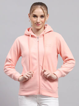 Monte Carlo - Women Printed Peach Hooded Neck Full Sleeve Sweatshirt