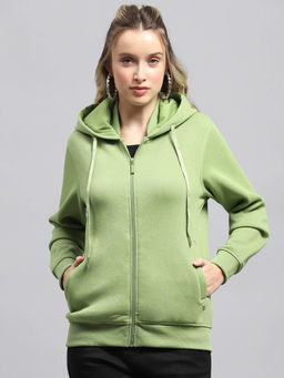 Monte Carlo - Women Solid Green Hooded Neck Full Sleeve Sweatshirt