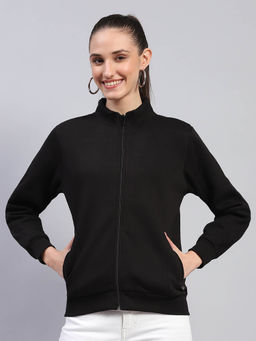 Monte Carlo - Women Solid Black Mock Neck Full Sleeve Sweatshirt