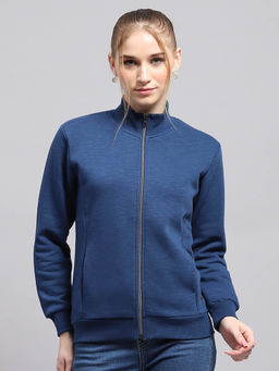 Monte Carlo - Women Solid Blue Mock Neck Full Sleeve Sweatshirt