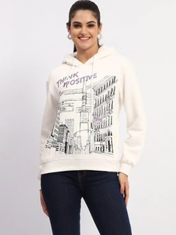 Madame - White Graphic Printed Hoodie Sweatshirt