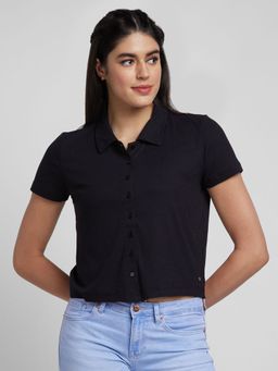 Spykar - Women Black Blended Slim Fit Plain Polo Neck T-Shirt
