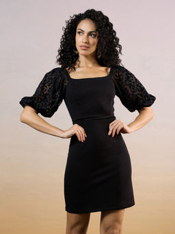 RSVP by Nykaa Fashion - Black Square Neck Animal Print Puff Sleeves Short Dress