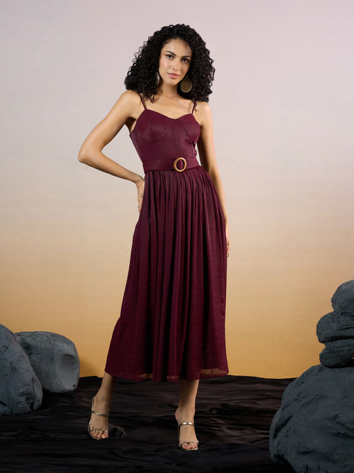 RSVP by Nykaa Fashion Maroon Sweetheart Neck Solid Belted Midi Dress (Set of 2)