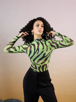 RSVP by Nykaa Fashion - Lime Green High Neck Animal Print Bodysuit