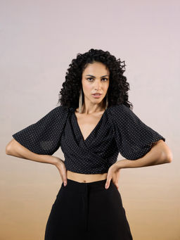 RSVP by Nykaa Fashion - Black Embellished Puff Sleeves Wrap Crop Top
