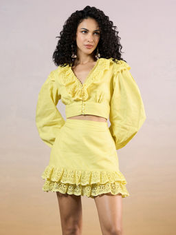 RSVP by Nykaa Fashion - Yellow V Neck Lace Skirt Linen Co Ord (Set of 2)